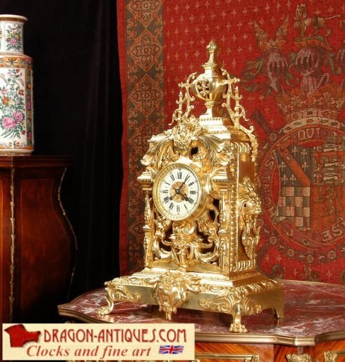 Very Large Gilt Brass Clock with Lions ~ French - Circa 1880.